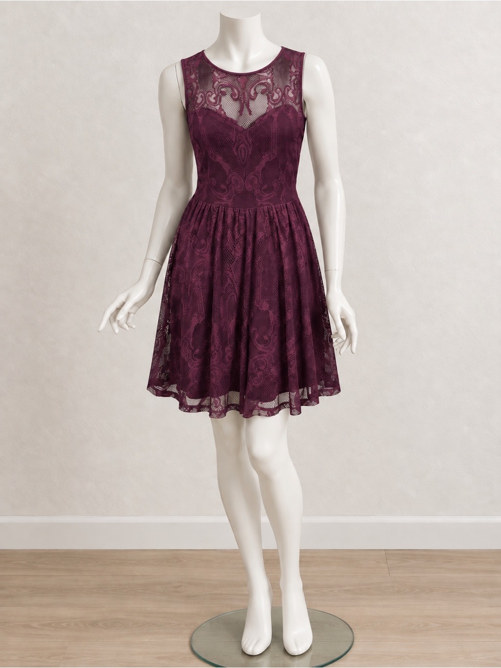 Sleeveless Lace Fit & Flare Dress in Deep Plum